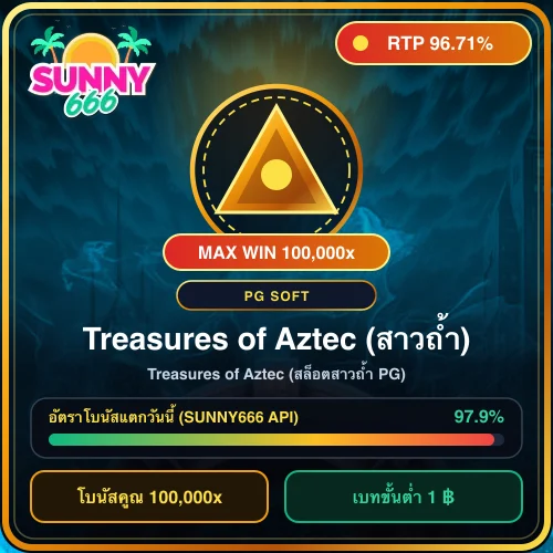 ทดลองเล่นสล็อต Treasures of Aztec (สล็อตสาวถ้ำ PG) ค่าย PG Soft ค่า RTP 96.71%
